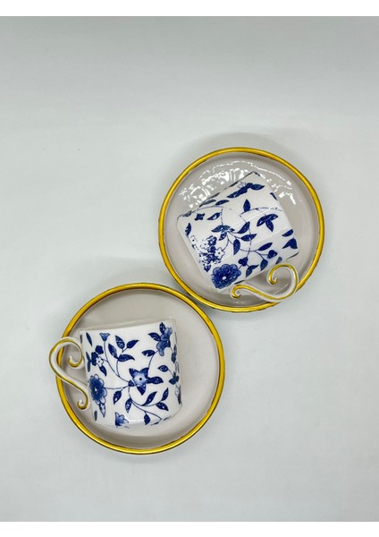 El Yapımı Seramik 2'li Türk Kahvesi Fincan Takımı Mavi Beyaz Çiçek Desenli modelleri