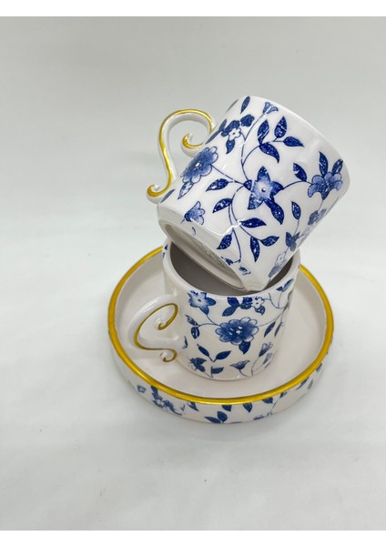 El Yapımı Seramik 2'li Türk Kahvesi Fincan Takımı Mavi Beyaz Çiçek Desenli fırsatları