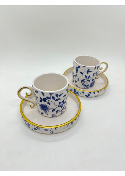 El Yapımı Seramik 2'li Türk Kahvesi Fincan Takımı Mavi Beyaz Çiçek Desenli indirimleri