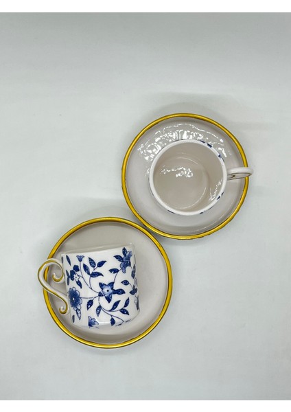 El Yapımı Seramik 2'li Türk Kahvesi Fincan Takımı Mavi Beyaz Çiçek Desenli