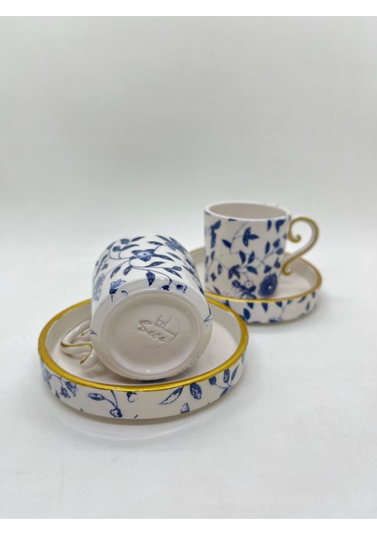 El Yapımı Seramik 2'li Türk Kahvesi Fincan Takımı Mavi Beyaz Çiçek Desenli