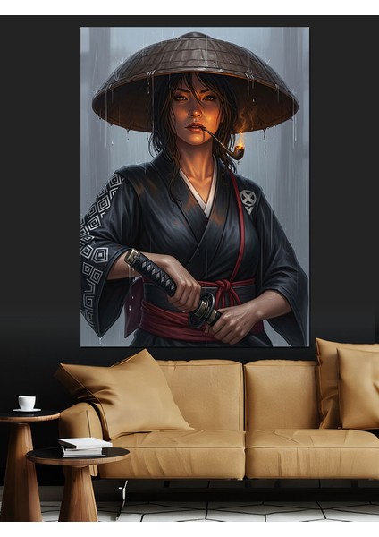 Şapkalı Savaşçı Japon Kadın Dekoratif Kanvas - Mdf Ahşap Tablo