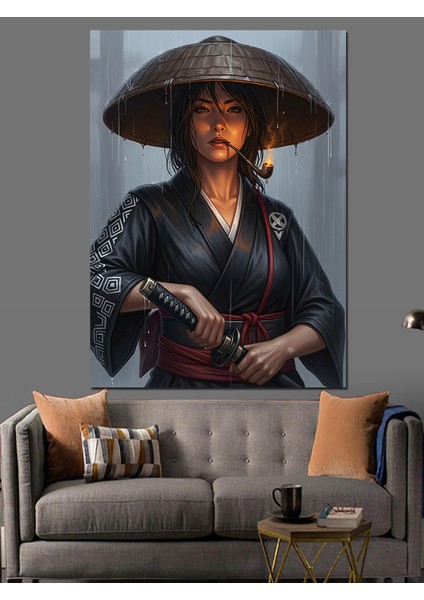 Şapkalı Savaşçı Japon Kadın Dekoratif Kanvas - Mdf Ahşap Tablo fiyatları