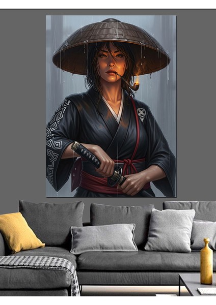 Şapkalı Savaşçı Japon Kadın Dekoratif Kanvas - Mdf Ahşap Tablo modelleri