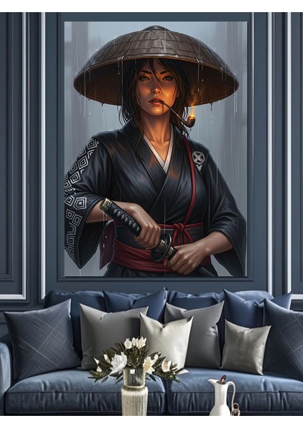 Şapkalı Savaşçı Japon Kadın Dekoratif Kanvas - Mdf Ahşap Tablo fırsatları