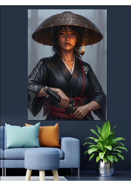 Şapkalı Savaşçı Japon Kadın Dekoratif Kanvas - Mdf Ahşap Tablo indirimleri