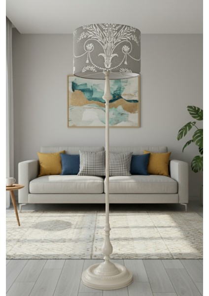 Gri Ashley Desen Bej Metal Ayak Lambader