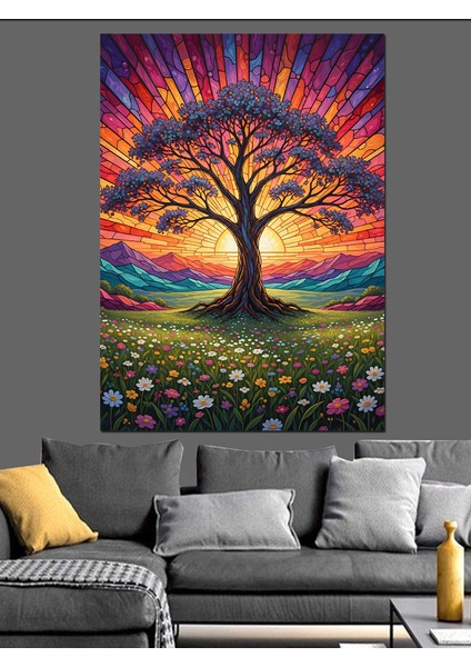 Hayat Ağacı Güneşin Altında Dekoratif Kanvas - Mdf Ahşap Tablo