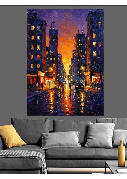 Işıklı Şehir Sokağı Gece Dekoratif Kanvas - Mdf Ahşap Tablo