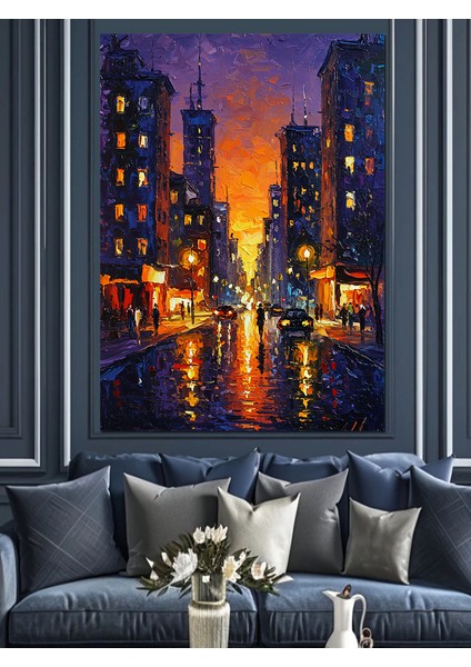 Işıklı Şehir Sokağı Gece Dekoratif Kanvas - Mdf Ahşap Tablo fiyatları
