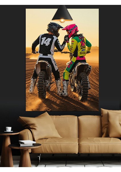 Motosikletli Adam ve Kadın Hız Tutkusu Dekoratif Kanvas - Mdf Ahşap Tablo