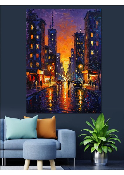 Işıklı Şehir Sokağı Gece Dekoratif Kanvas - Mdf Ahşap Tablo modelleri