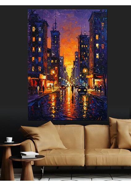 Işıklı Şehir Sokağı Gece Dekoratif Kanvas - Mdf Ahşap Tablo fırsatları