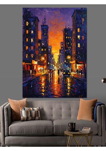 Işıklı Şehir Sokağı Gece Dekoratif Kanvas - Mdf Ahşap Tablo indirimleri