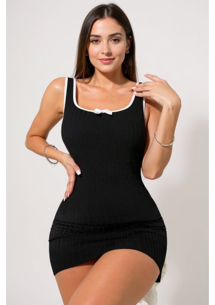 Kadın Siyah Fiyonklu Kaşkorse Gecelik ve Tanga Takım – Modern, Konforlu ve Günlük Kombinlere Uygun fırsatları