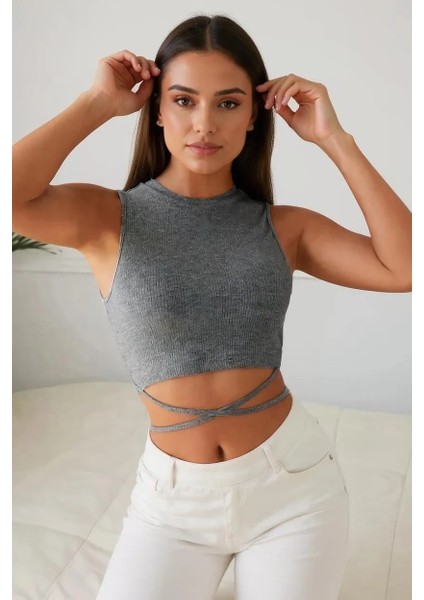 Kadın Gri Çapraz Bağlamalı Crop Top Büstiyer – Modern ve Şık Tasarım fiyatları