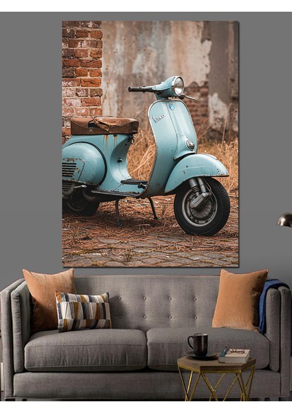 Mavi Vespa Scooter Retro Dekoratif Kanvas - Mdf Ahşap Tablo