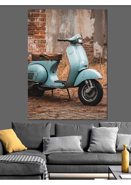 Mavi Vespa Scooter Retro Dekoratif Kanvas - Mdf Ahşap Tablo fiyatları