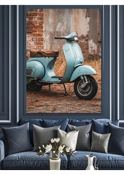Mavi Vespa Scooter Retro Dekoratif Kanvas - Mdf Ahşap Tablo modelleri