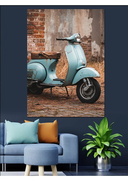 Mavi Vespa Scooter Retro Dekoratif Kanvas - Mdf Ahşap Tablo fırsatları