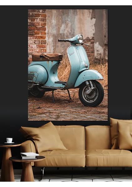 Mavi Vespa Scooter Retro Dekoratif Kanvas - Mdf Ahşap Tablo indirimleri