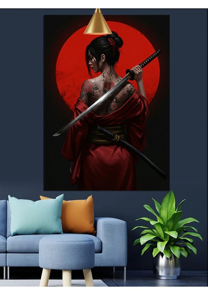 Kırmızı Elbiseli Samuray Kadın Figürü Dekoratif Kanvas - Mdf Ahşap Tablo