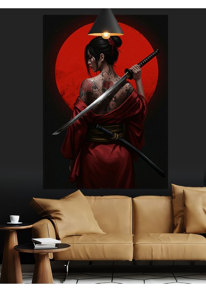 Kırmızı Elbiseli Samuray Kadın Figürü Dekoratif Kanvas - Mdf Ahşap Tablo fiyatları