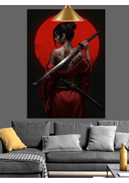 Kırmızı Elbiseli Samuray Kadın Figürü Dekoratif Kanvas - Mdf Ahşap Tablo modelleri