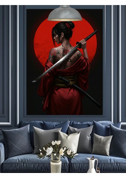 Kırmızı Elbiseli Samuray Kadın Figürü Dekoratif Kanvas - Mdf Ahşap Tablo fırsatları
