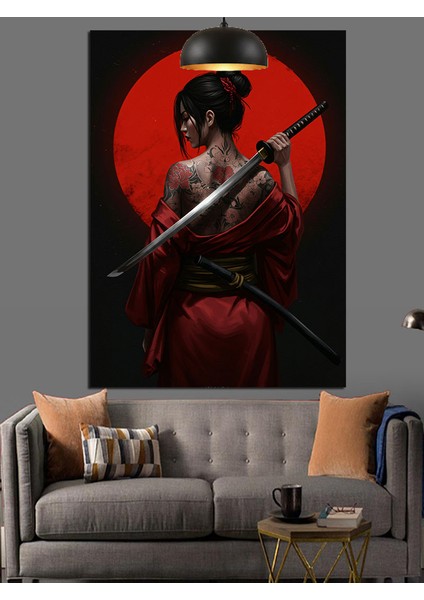 Kırmızı Elbiseli Samuray Kadın Figürü Dekoratif Kanvas - Mdf Ahşap Tablo indirimleri