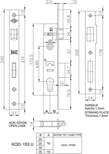 Kale 153 U 25 mm Dilli Silindirli Kilit fiyatları