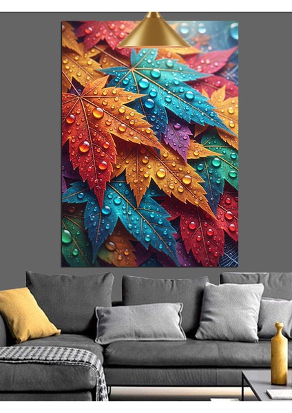 Tropik Renkli Yapraklar Su Damlacıkları Dekoratif Kanvas - Mdf Ahşap Tablo