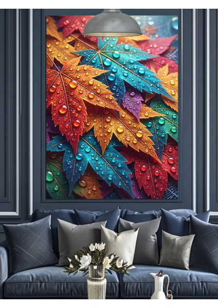 Tropik Renkli Yapraklar Su Damlacıkları Dekoratif Kanvas - Mdf Ahşap Tablo fiyatları