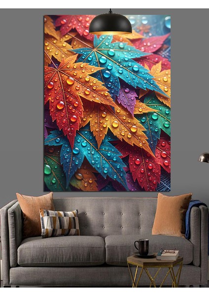 Tropik Renkli Yapraklar Su Damlacıkları Dekoratif Kanvas - Mdf Ahşap Tablo modelleri