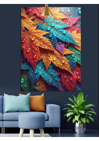 Tropik Renkli Yapraklar Su Damlacıkları Dekoratif Kanvas - Mdf Ahşap Tablo fırsatları