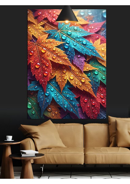 Tropik Renkli Yapraklar Su Damlacıkları Dekoratif Kanvas - Mdf Ahşap Tablo indirimleri