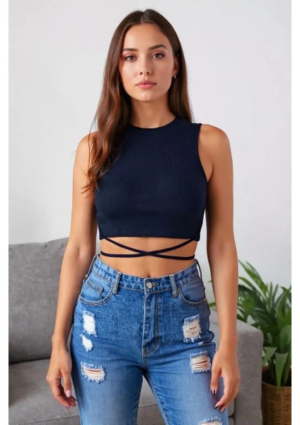 Kadın Lacivert Çapraz Bağlamalı Crop Top Büstiyer – Modern ve Şık Tasarım