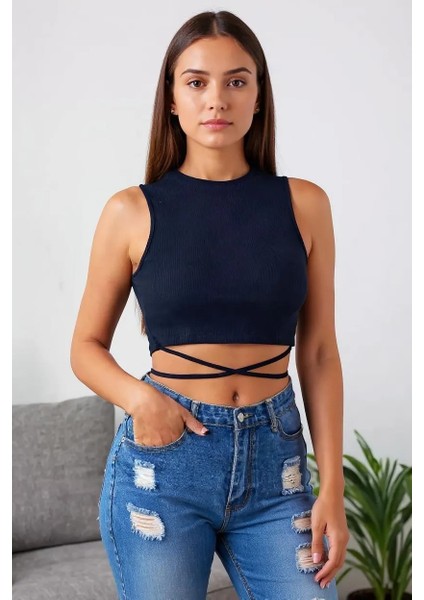 Kadın Lacivert Çapraz Bağlamalı Crop Top Büstiyer – Modern ve Şık Tasarım fiyatları