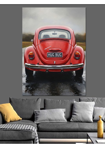 Kırmızı Vosvos Retro Araba Dekoratif Kanvas - Mdf Ahşap Tablo