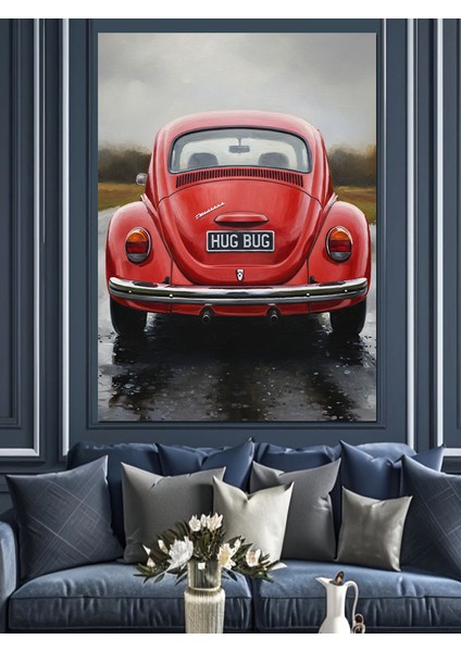 Kırmızı Vosvos Retro Araba Dekoratif Kanvas - Mdf Ahşap Tablo fiyatları
