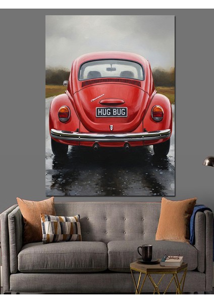 Kırmızı Vosvos Retro Araba Dekoratif Kanvas - Mdf Ahşap Tablo indirimleri