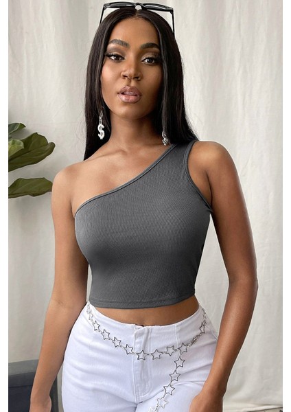 Kadın Koyu Gri Tek Omuz Crop Büstiyer – Modern ve Şık Tasarım modelleri