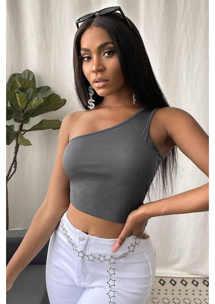 Kadın Koyu Gri Tek Omuz Crop Büstiyer – Modern ve Şık Tasarım fırsatları