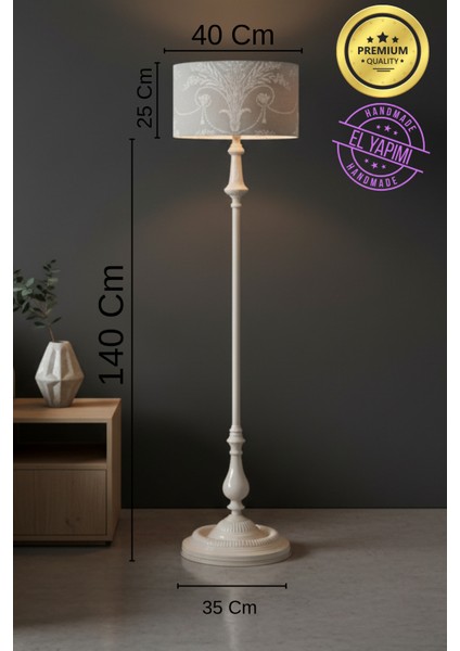 Bej Ashley Desen Krem Metal Ayaklı Lambader