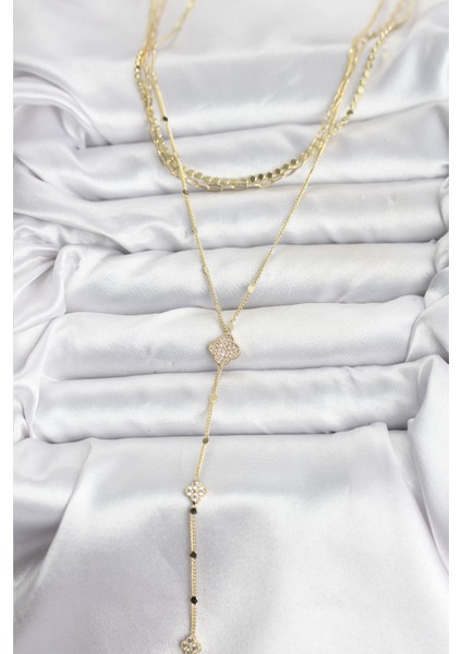 Pirinç Gold Renk Zirkon Taşlı Yoncalı Model Detaylı 3'lü Kombin Y Kadın Kolye - Bamido