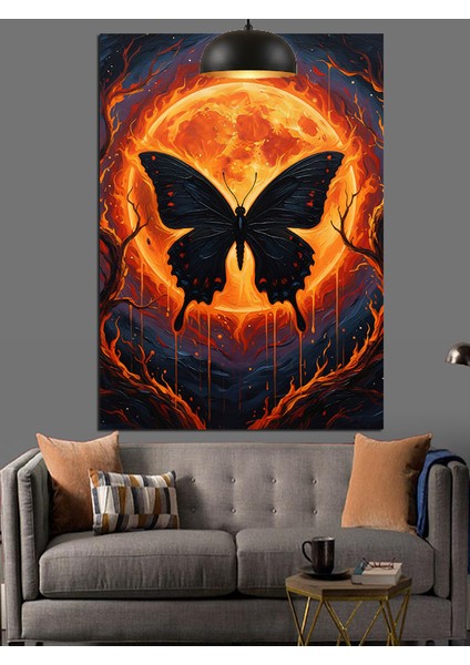 Alevli Güneş ve Karanlık Kelebek Dekoratif Kanvas - Mdf Ahşap Tablo