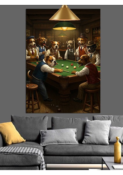 Bilardo Oynayan Köpekler Kalabalık Figür Dekoratif Kanvas - Mdf Ahşap Tablo modelleri