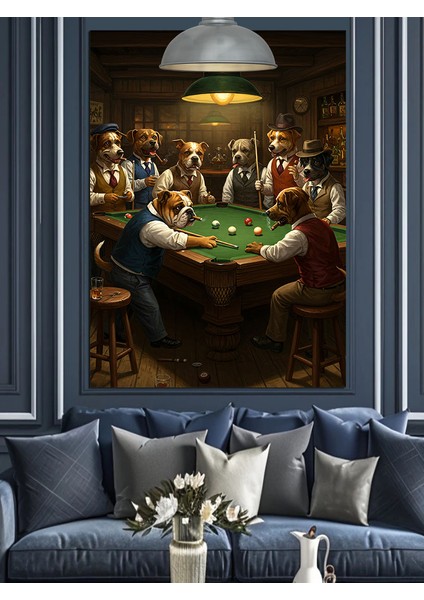 Bilardo Oynayan Köpekler Kalabalık Figür Dekoratif Kanvas - Mdf Ahşap Tablo fırsatları