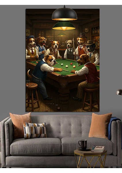 Bilardo Oynayan Köpekler Kalabalık Figür Dekoratif Kanvas - Mdf Ahşap Tablo indirimleri