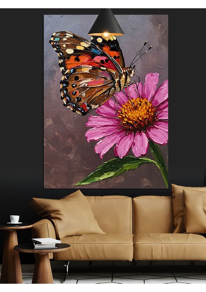 Turuncu Kelebek Pembe Çiçek Dekoratif Kanvas - Mdf Ahşap Tablo